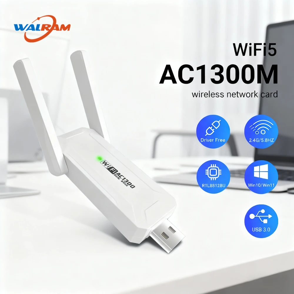 WALRAM 1300 Mbit/s Wireless USB Adapter WiFi 5 Dual Band 5G 2,4G USB 3,0 BT 5,0 Wifi Antenne Dongle Netzwerk Karte Für Win10/11 Empfänger Image