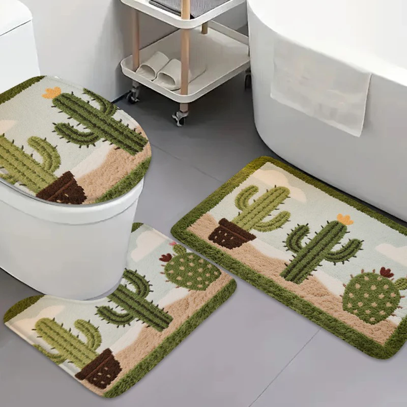 3 stücke cartoon kaktus flanell bad teppich bad tür matte badewanne saugfähigen matte wc deckel matte U-förmigen anti slip fuß matte