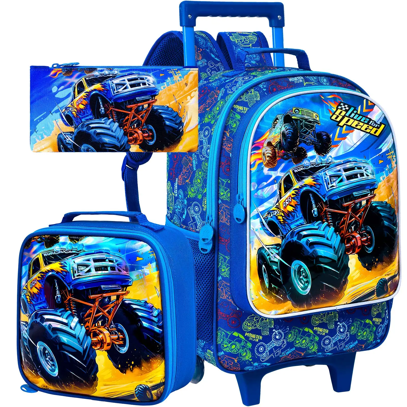 Sac à dos roulant 3 pièces pour garçons, sac à livres d'école à roulettes pour enfants avec sac à déjeuner, sac d'école à roulettes pour enfants