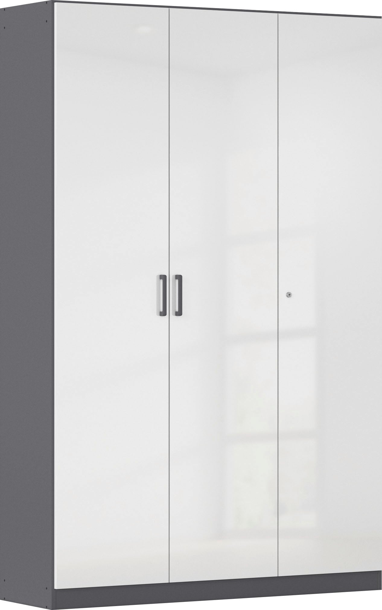 Mehrzweckschrank RAUCH "Garderobe Kleiderschrank Schrank Schuhschrank Putzschrank MINOSA", graumetallic, hochglanz weiß, griffe graumetallic, B:136cm H:210cm T:41cm, Holzwerkstoff, Schränke, Mehrzweckschrank