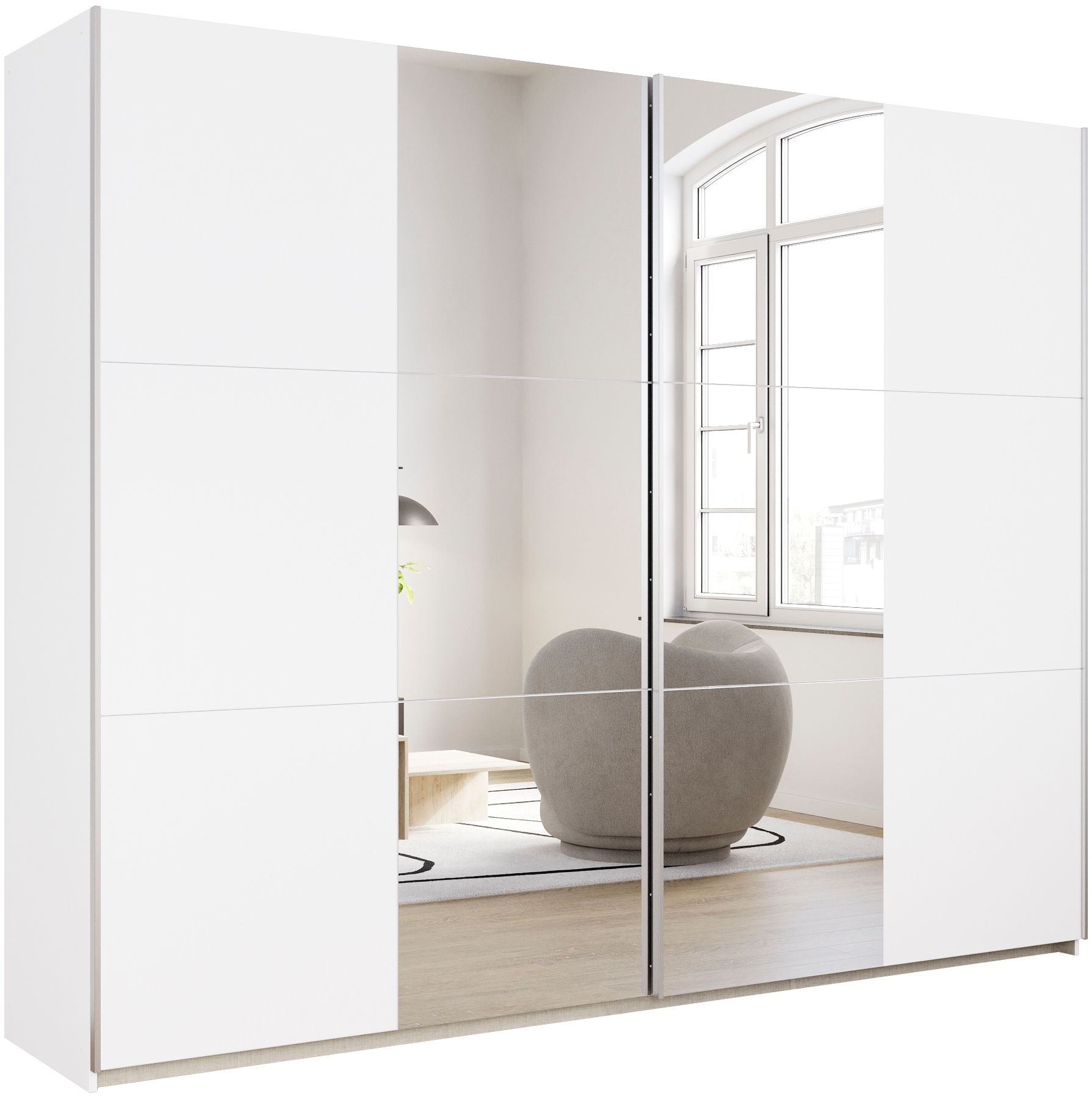 Schwebetürenschrank RAUCH "Kleiderschrank Drehtürenschrank Schrank Garderobe KRONACH TOPSELLER", weiß (alpinweiß, griffleisten alu, 2 spiegel), B:261cm H:210cm T:59cm, Holzwerkstoff, Schränke, Schwebetürenschrank, mit Spiegel und viel Stauraum,...