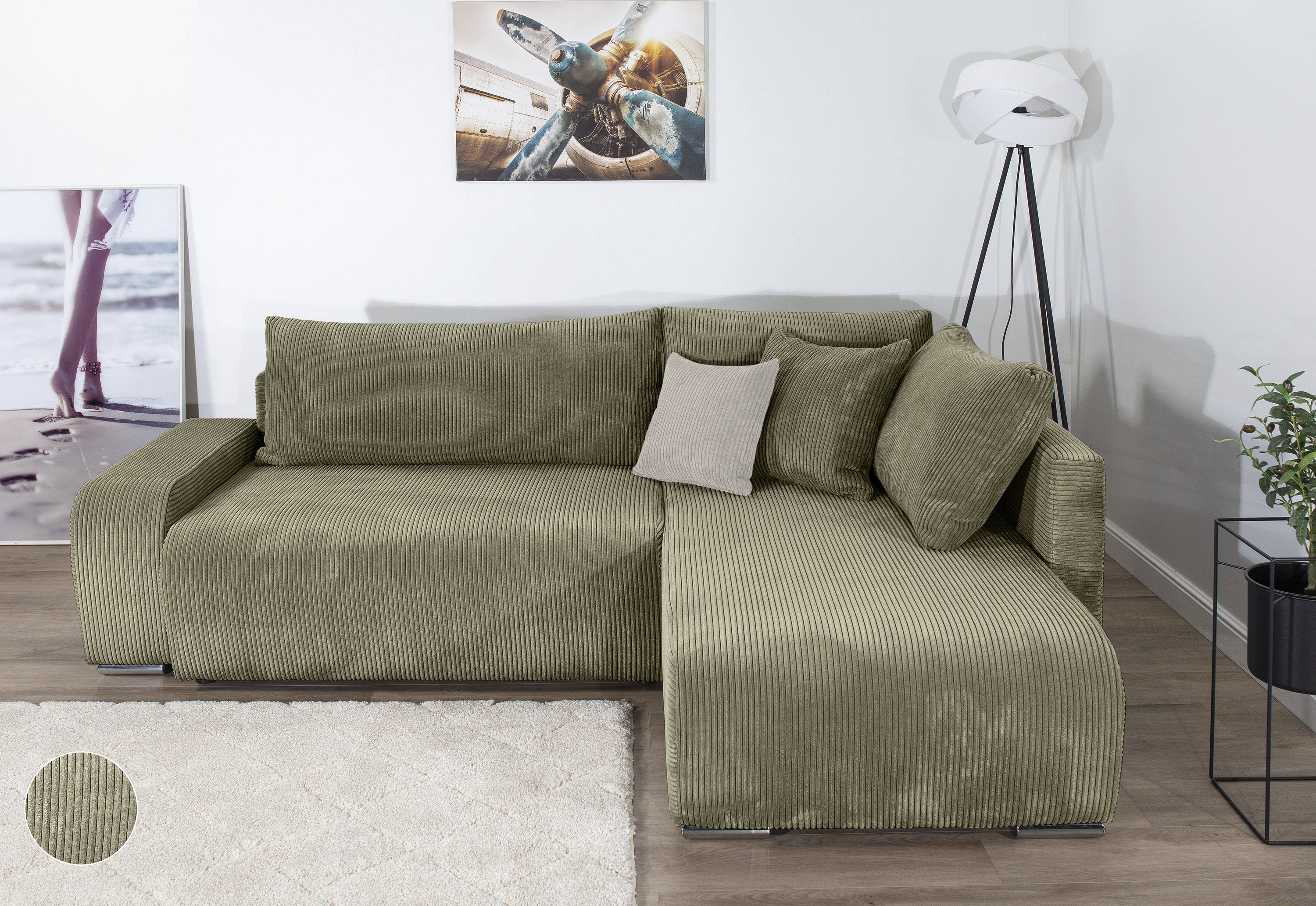 Ecksofa COLLECTION AB "Poppy, L-Form, Breite 227 cm mit Schlaffunktion", olive, B:227cm H:41cm T:169cm, 100%Polyester, Sofas, Ecksofa, inkl. Schlaffunktion und Bettkasten