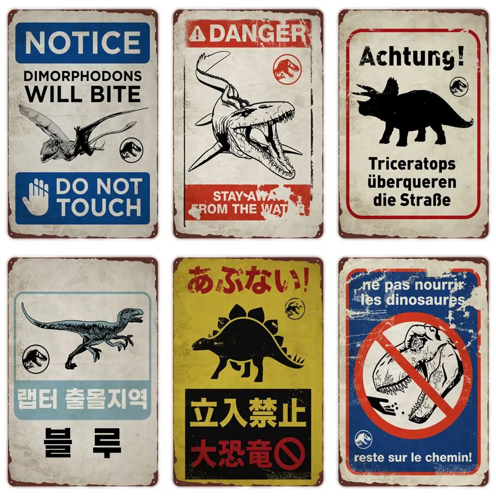 Beware of Dinosaurs Funny Vintage Metal Tin Sign Triceratops Plaque Wall Decor Garden Farm House Outdoor Decoration Caution Sign