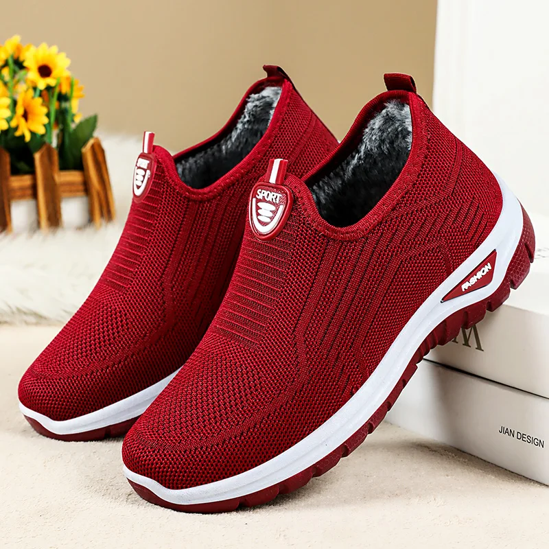 Winter Frauen Turnschuhe Schuhe Plüsch Warme Wohnungen Mode Vulkanisierte Schuhe Frauen Zu Fuß Zapatillas Mujer Schwarz Rot Größe 36-43