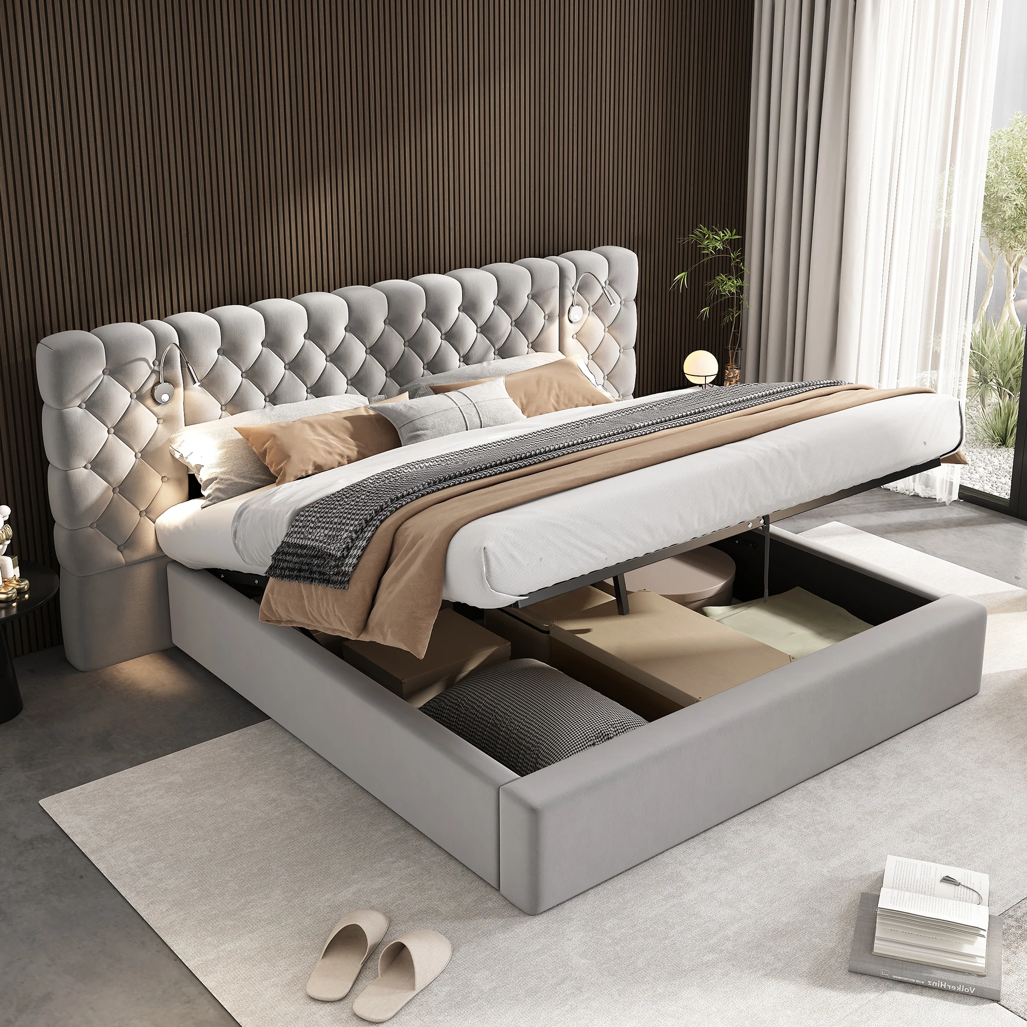 Polsterbett 180x200 cm, hydraulisch, LED, Stauraum, weiches Kopfteil, Samt, grau Image