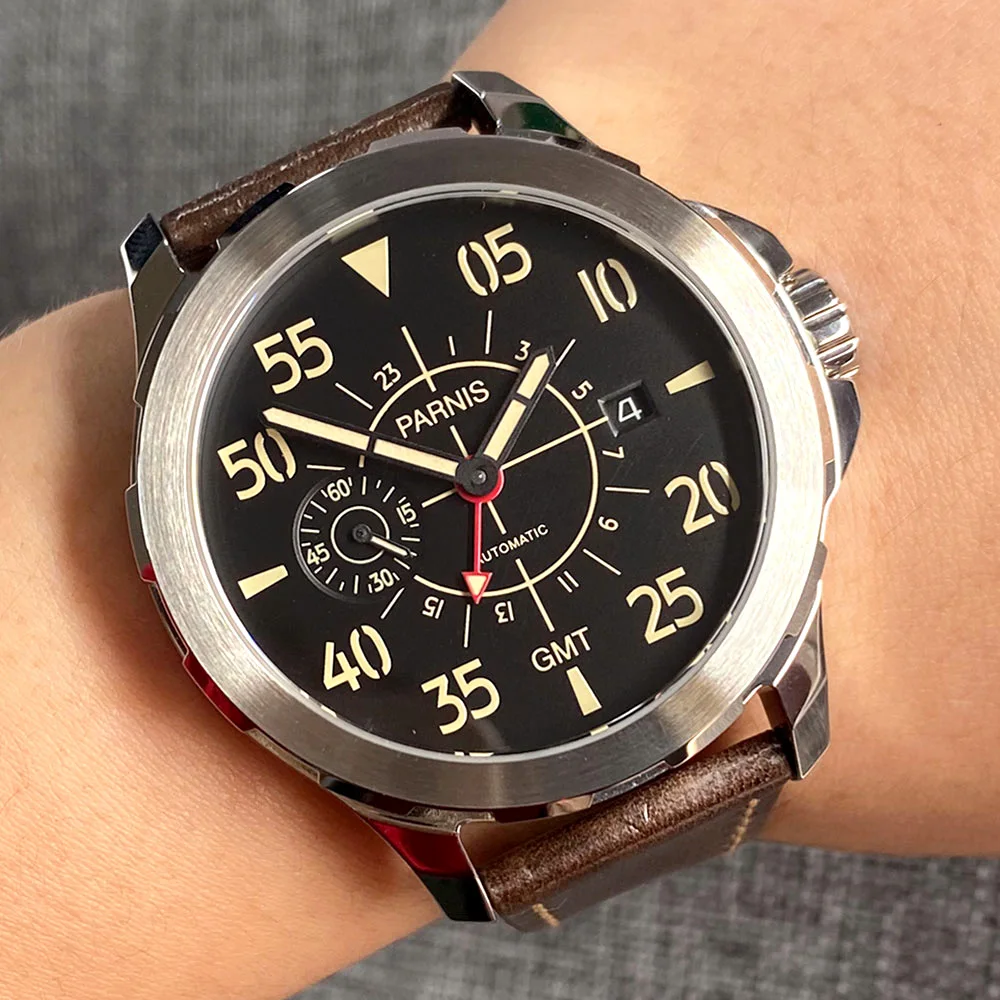 PARNIS GMT Pilot Vintage Automatische Uhr für Männer 316L Edelstahl Leder Band Glas Zurück ST2557 Bewegung Sport Uhren Image