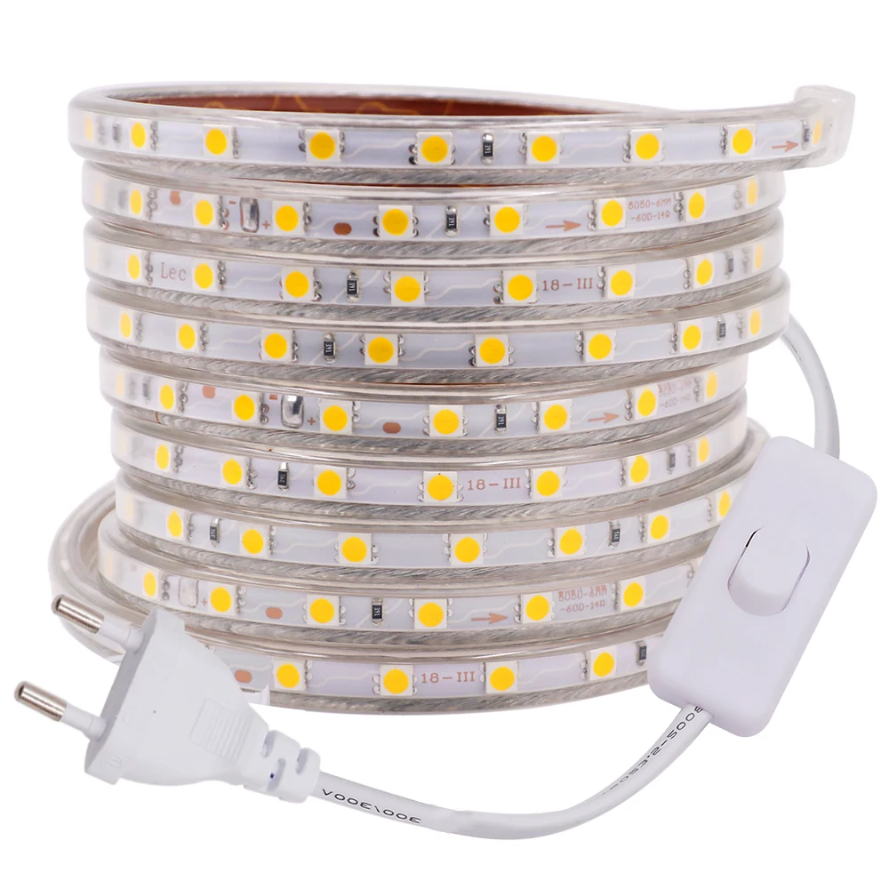 LED-Streifen, 220 V, 110 V, wasserdicht, 60 LEDs/m, flexibles Band, SMD 5050, LED-Lichtleiste mit EU-US-UK-Schalterstecker