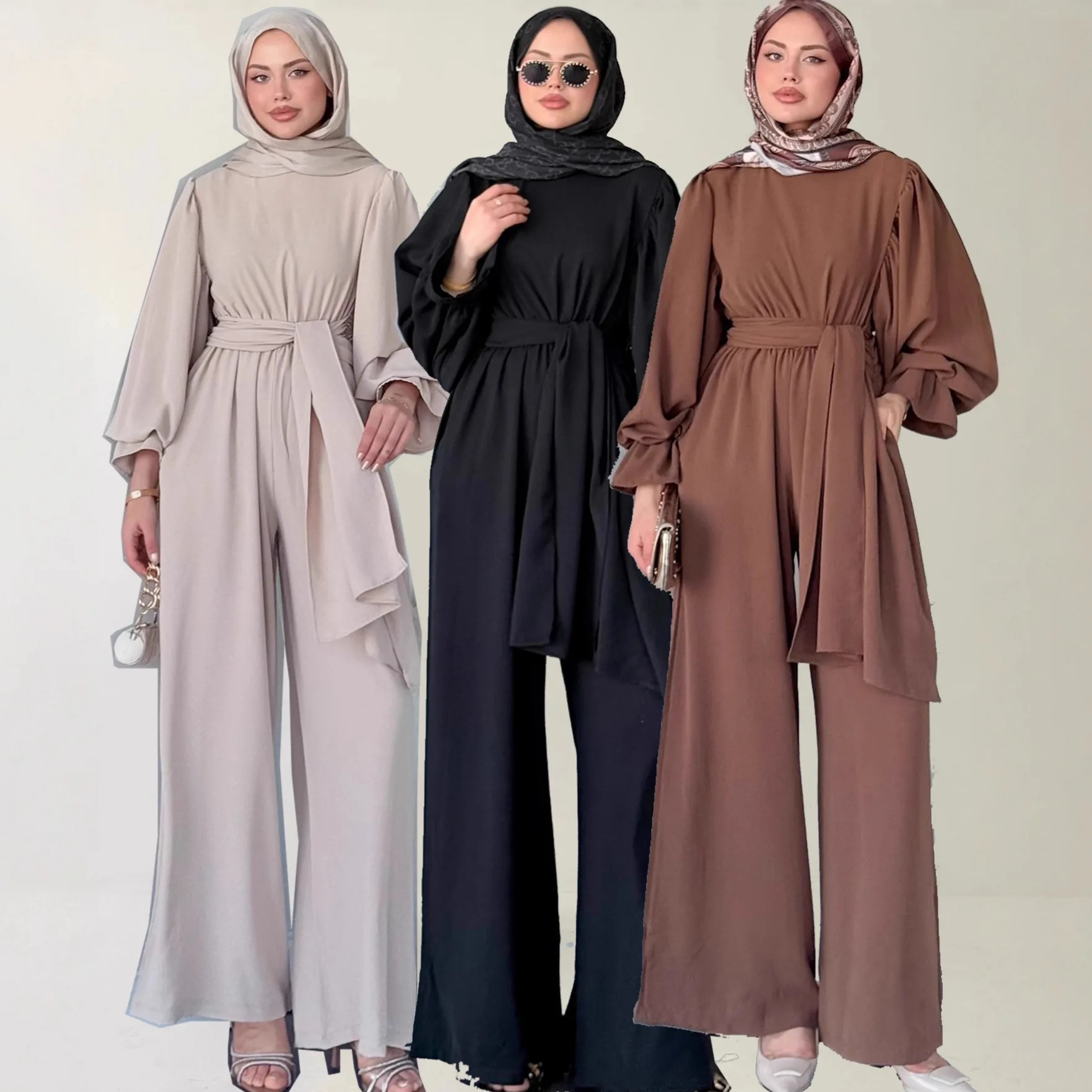 Top Hosenanzug mit weitem Bein für Damen, muslimische 2-teilige Sets, Eid-Tops, Hosen, Schnürung, Dubai, bescheidenes Ensemble, Marokko, Ramadan-Outfits Image