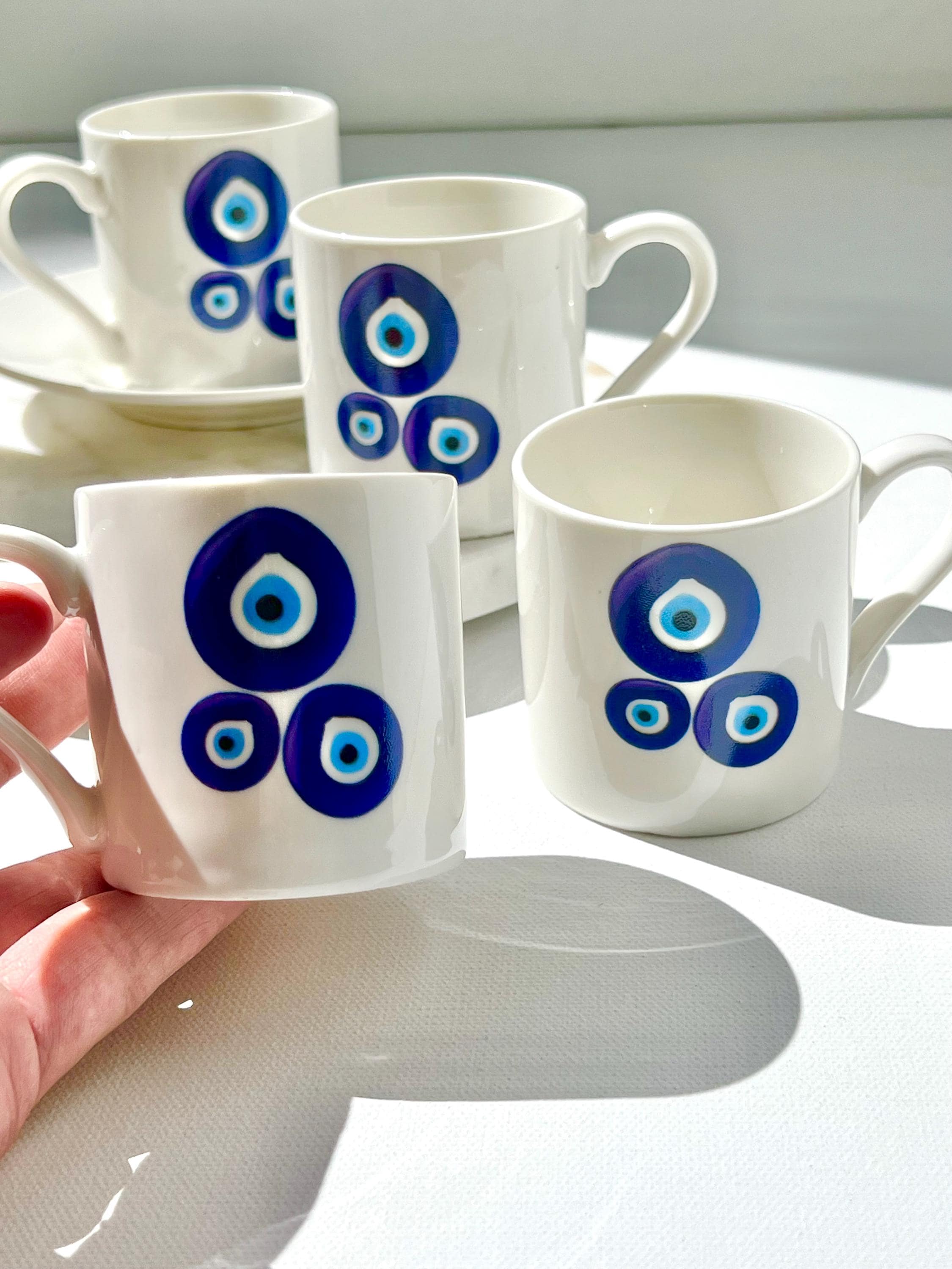 Set di tazze da tè e piattini con occhio malvagio * Tazze da caffè espresso Nazar * Set di tazze da caffè o da tè * Opzioni 1 pz / 2 pz / 6 pz * Tazza