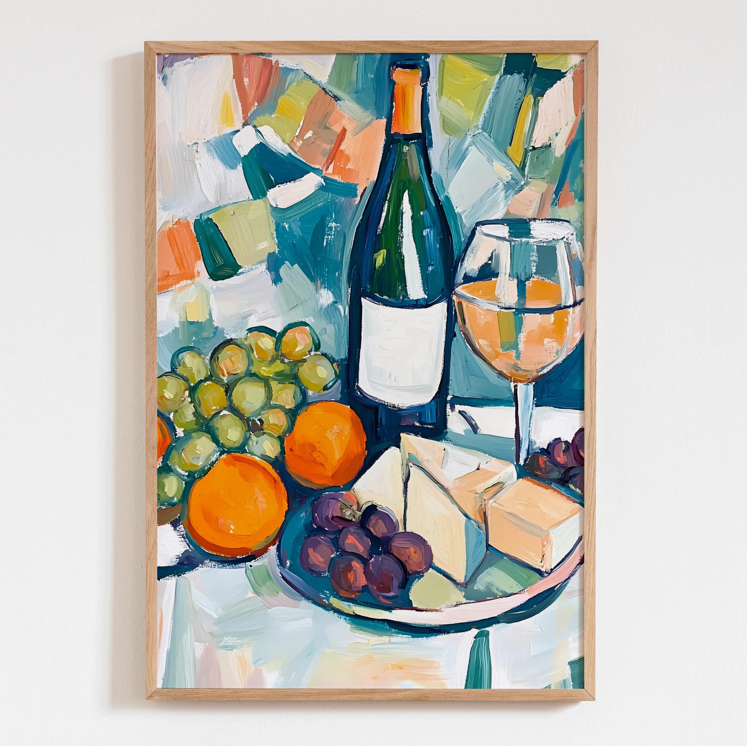 Poster artistico con vino bianco, formaggio e uva, stampa artistica da bar della cucina, arredamento di ristoranti italiani, natura morta con cibo e b