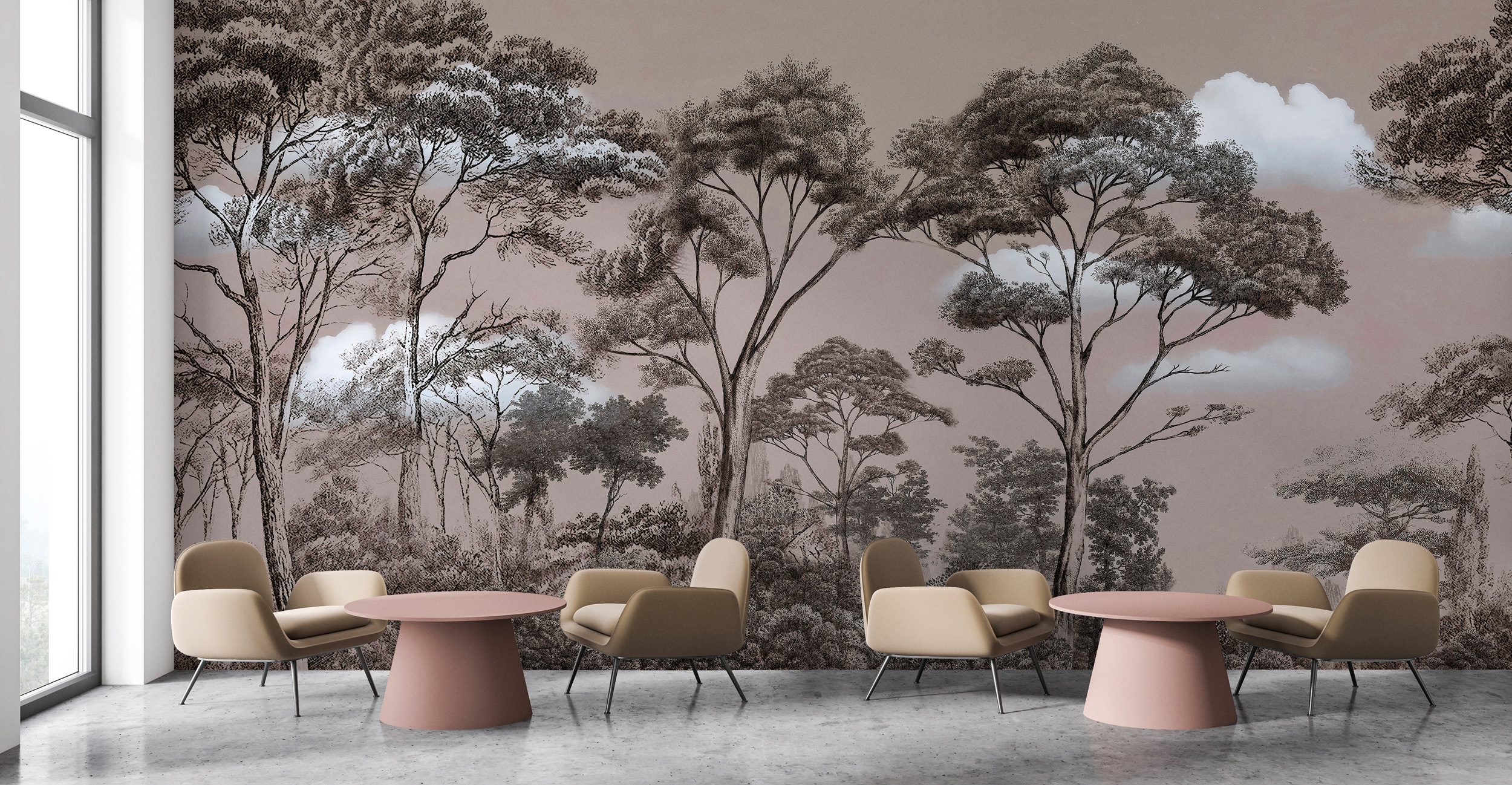 Vliestapete LIVING WALLS "Dschungel Vliestapete Natur Bäume Wolken", beige, B:2,5m H:0,02m L:5m, Vlies, Tapeten