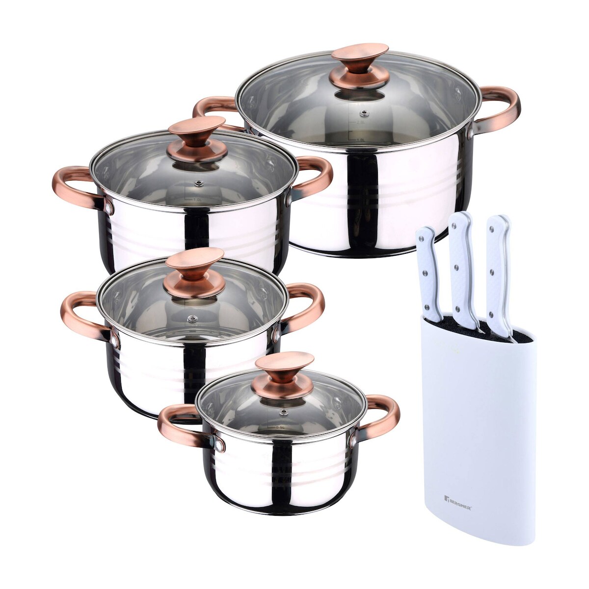 BERGNER - Kochgeschirr NONA 8-teilig 16/18/20/24 cm aus Edelstahl, induktionsgeeignet, mit 3-teiligem Messerset aus Edelstahl Image