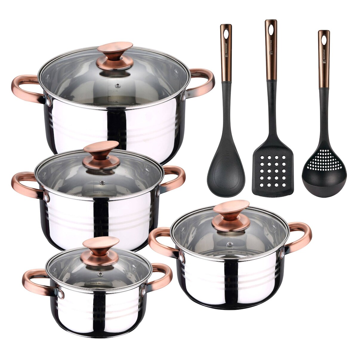 BERGNER - NONA 8-teiliges Kochgeschirr-Set (16/18/20/24cm) aus Edelstahl für Induktion mit 3 Küchenutensilien aus schwarzem und kupferfarbenem PBT Image