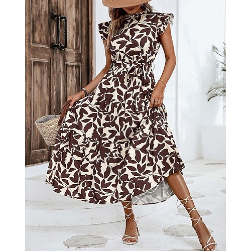 Damen Midikleid Freizeitkleid Druckkleid Elegant Mode Modern Täglich Ferien Ausgehen Normale Passform Grafik Ärmellos Stehkragen Orange Braun Grün Dunkelblau Sommer Image