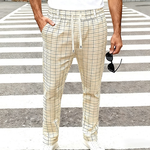 Herren Hose Freizeithose Kordelzug Tasche Elastischer Bund Karomuster Komfort Weich Outdoor Täglich Ferien Mode Klassicher Stil Cachi scuro KhakiA Mikroelastisch Image