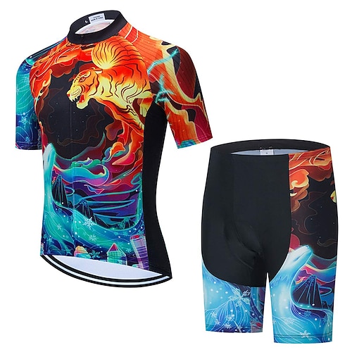 21Grams Herren Radtrikot mit Radhose fahrradbekleidung set Kurzarm MTB Mountain Rennrad Blau Orange Tiger Fahhrad Sportkleidung 3D-Pad Atmungsaktiv Rasche Trocknung Feuchtigkeitsabsorbierend Tasche Image