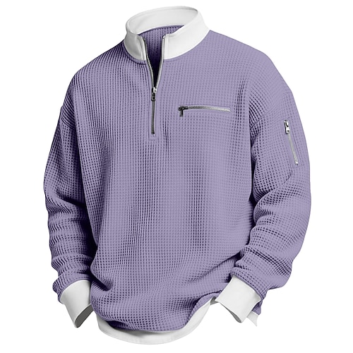 Herren Waffel T-Shirt T Shirt Langarm Halber Reißverschluss Frühling Herbst Winter Einfarbig Traditionell / Vintage Lässig Farbblock Reißverschlusstasche Outdoor Heim Sport Outdoor Hellblau Rote Image