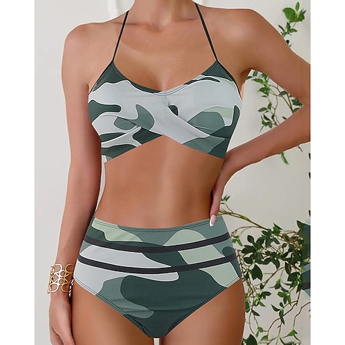 Damen Badeanzug Zweiteilig Freche Unterhose Bademode Rückenfrei Urlaub Strandbekleidung Tarnung Neckholder Ärmellos Badeanzüge Image