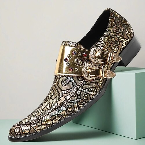 Herren Mardi Gras Gold und Schwarze Schlangen-muster Loafer Premium Leder mit Doppelschnalle Design Luxus formelle Schuhe Image