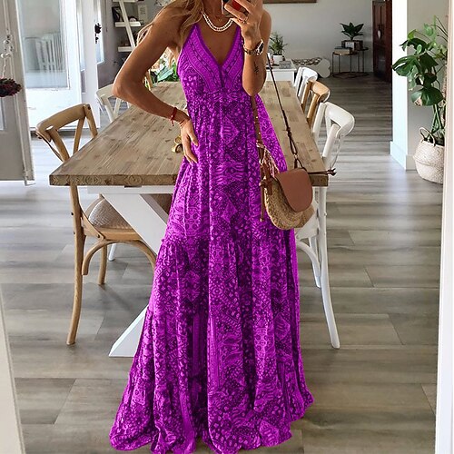 Damen Langes Kleid Maxikleid Freizeitkleid Blumenkleid Unterkleid Druckkleid Elegant Mode Modern Täglich Urlaub Ausgehen Normale Passform Blumen Geometrisch Ärmellos V Ausschnitt Gelb Rosa Wein Rote Image
