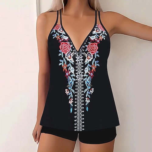 Damen Badeanzug Zweiteilig Shorts Bademode Rückenfrei Urlaub Strandbekleidung Blumen Grafik V Ausschnitt Ärmellos Badeanzüge Image