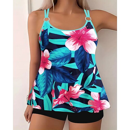 Damen Badeanzug Zweiteilig Shorts Bademode Rückenfrei Urlaub Strandbekleidung Blumen Grafik Rundhals Ärmellos Badeanzüge Image