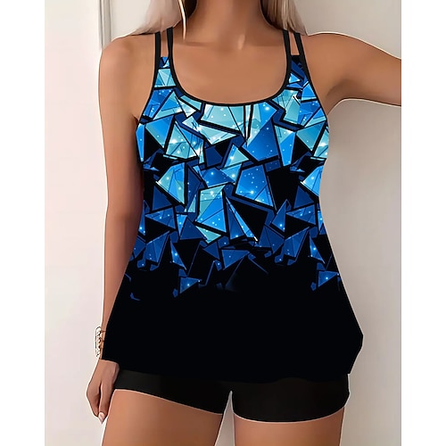 Damen Badeanzug Zweiteilig Shorts Bademode Rückenfrei Urlaub Strandbekleidung Grafik U-Ausschnitt Ärmellos Badeanzüge Image