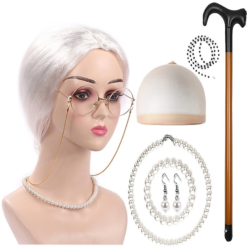 Set aus Perücke für alte Damen, Lockenwicklern, Perlenkette, Ohrringen und Gehstock für Frauen und Mädchen, Oma-Cosplay, Kostüm für „100 Tage Schule", Halloween-Party-Accessoires Image