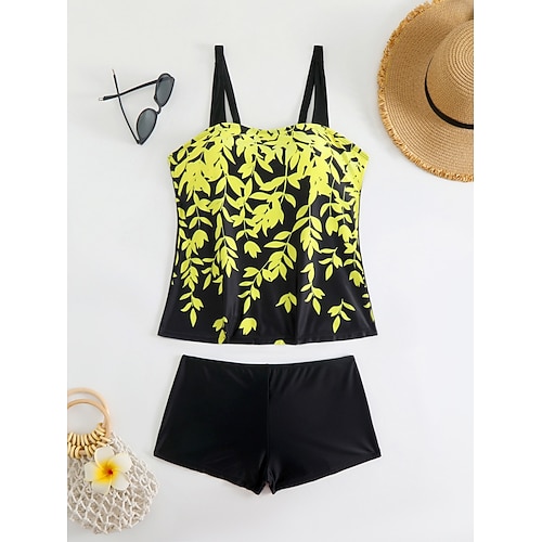 Womens Tankini 2-teiliger Badeanzug Shorts Bauchkontrolle Hohe Taille Slim Rückenfrei Urlaub Strandbekleidung Blätter V-Hals Ärmellose Bademode Image