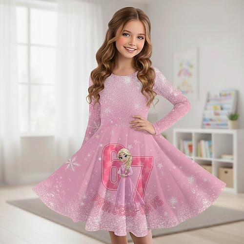 Mädchen' 3D Grafik Cartoon 67 Kleid Langarm 3D-Druck Frühling Herbst Leistung Urlaub Party Lässig Prinzessin Schön Kinder 4-12 Jahre Freizeitkleid A Linie Kleid Knielang Normale Passform Image