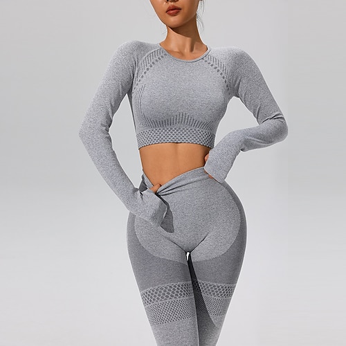 Damen Yoga-Anzug 2-teiliges Trainingsset Yoga-Leggings Einfarbig Kombination Herbst Winter Grün Grau sportlich Sport Pilates Hohe Taille Bauchkontrolle Langarm Sport Sportkleidung Image