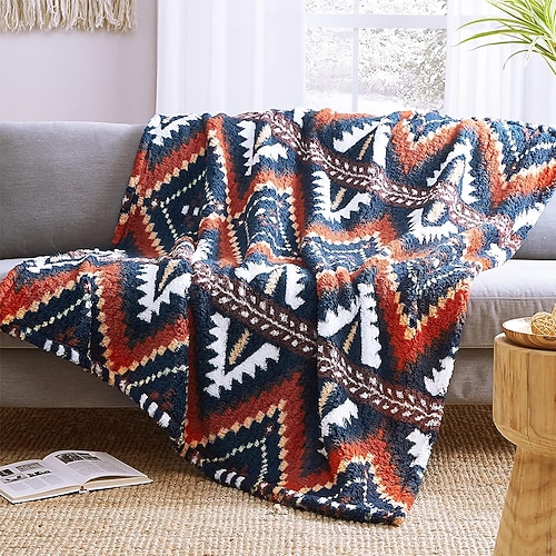 Decke Fleecedecken Überwurfdecke für die Couch Geometrisch Schottenmuster Vintage Ethnisch Boho Sofa Bett Dekorative Decke Warme Decke Film Wohndeko Image