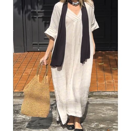 Damen Langes Kleid Maxikleid Freizeitkleid Elegant Mode Modern Täglich Ausgehen Wochenende Normale Passform Einfach Langarm V Ausschnitt Weiß Rote Sommer Frühling Herbst Image