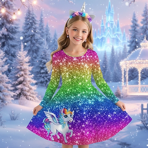 Mädchen' 3D Grafik Anime Kleid Langarm 3D-Druck Frühling Herbst Leistung Urlaub Party Lässig Prinzessin Schön Kinder 4-12 Jahre Freizeitkleid A Linie Kleid Knielang Normale Passform Image