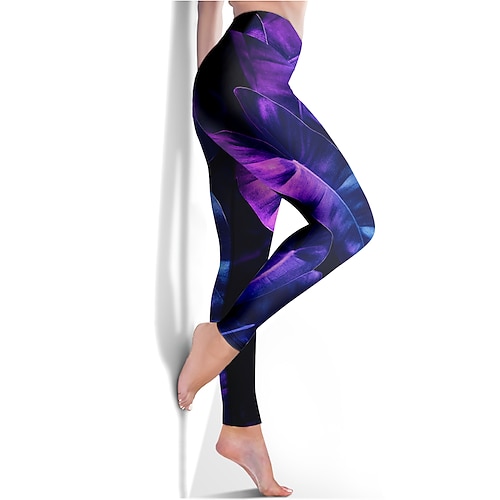 Damen Sport Leggings Gym Sport leggings Yogahose Elasthan Purpur Kurz geschnittene Leggings Blumen Bauchkontrolle Kolbenheber Kleidung Yoga Fitness Fitnesstraining Laufen / Hochelastisch / Sportlich Image