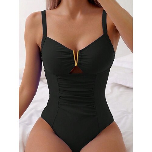 Einteiliger Damenbadeanzug Slimming Rüschen Sexy Cutout Unterwäschenteil Monokini Hoher Schnitt Bauchkontrolle Hohe Taille Slim Rückfrei Elegant Urlaub Einfarbig V-Ausschnitt Ärmellos Badeanzüge Image