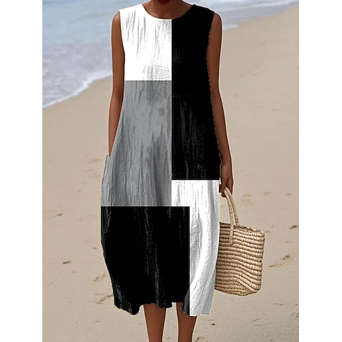 Damen Midi Kleid Leinenartige Sommerkleid Shift Kleid A-Linien Kleid Urlaub Lässig Boho Ausgehen Strand Lockere Passform Grafik Geometrisch Ärmellos Rundhals Grau Grün Schwarz Pink Khaki Sommer Image