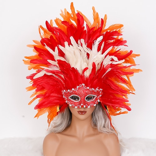 Carnaval 2026 Accessoires de Carnaval de Rio Samba Masque de Carnaval en Plumes Coiffe Masque en Plumes Complètes Rouge Orange et Blanc Costume de Performance au Brésil