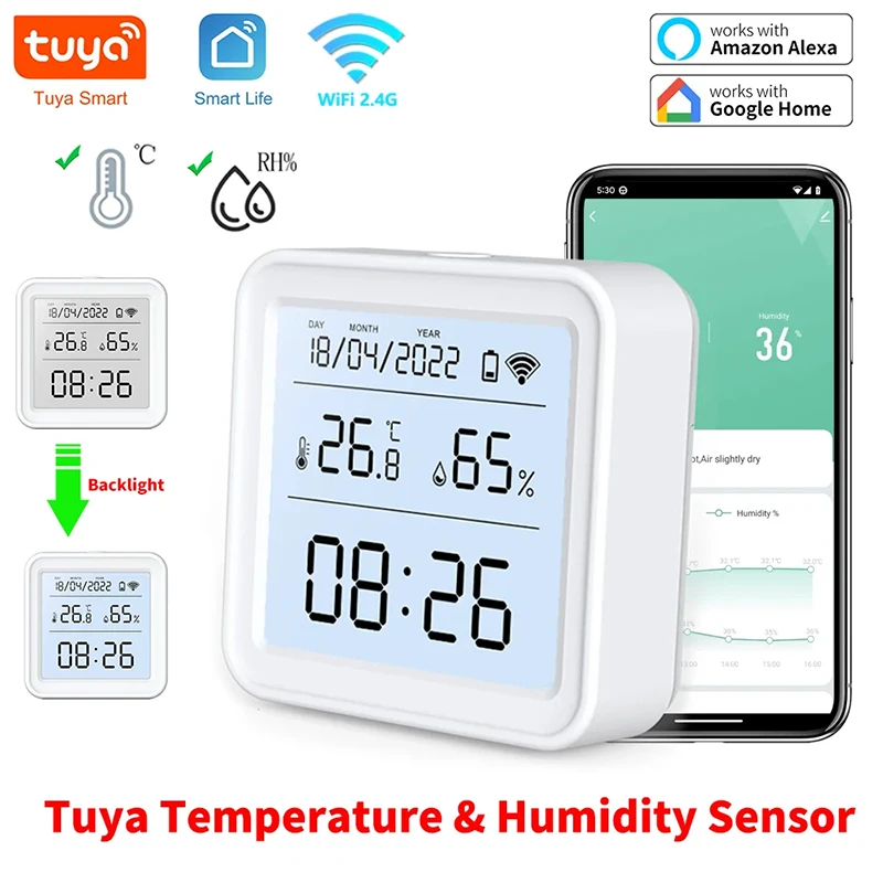 Tuya Smart WiFi Temperatur- und Feuchtigkeitssensor mit LCD-Bildschirm, digitales Display, kabelloses Thermometer, funktioniert mit Alexa Google Home Image
