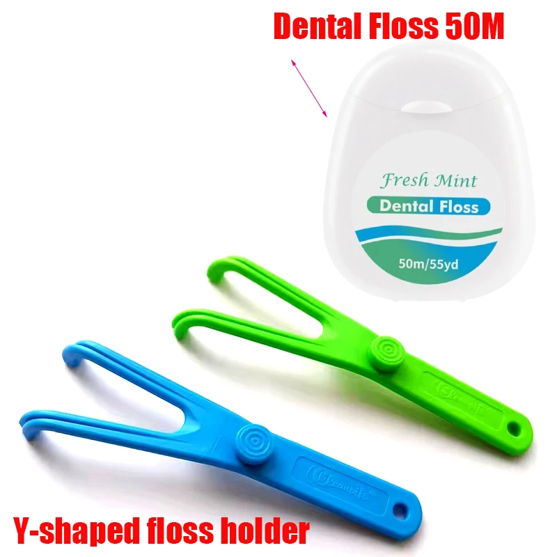 50 m Zahnseide mit Halter, Zahnreinigungspicks, wiederverwendbar, austauschbarer Griff, Stick-Werkzeug, Einfädler für Zahnspangen Image
