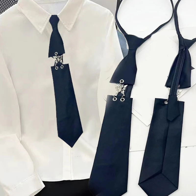 Mode Ästhetische Punk Krawatten Metall Schmetterling Verbunden Vorgebundene Krawatte Japanische Schuluniform Zubehör Schwarze Krawatte für Frauen Männer Image