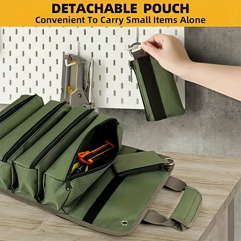 1 paquet de sac à outils de type rouleau, sac à outils en tissu Oxford, sac de rangement d'outils de voiture, sac d'électricien multifonctionnel, sac de rangement d'outils vert, sac à outils essentiel