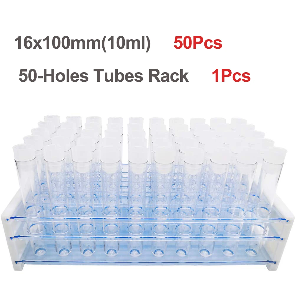 50 Stück durchsichtige Kunststoff-Reagenzgläser mit Gestell, 16 x 100 mm (10 ml) Reagenzglas mit Kappen und 50 Löchern, Röhrchen für Experimente Image