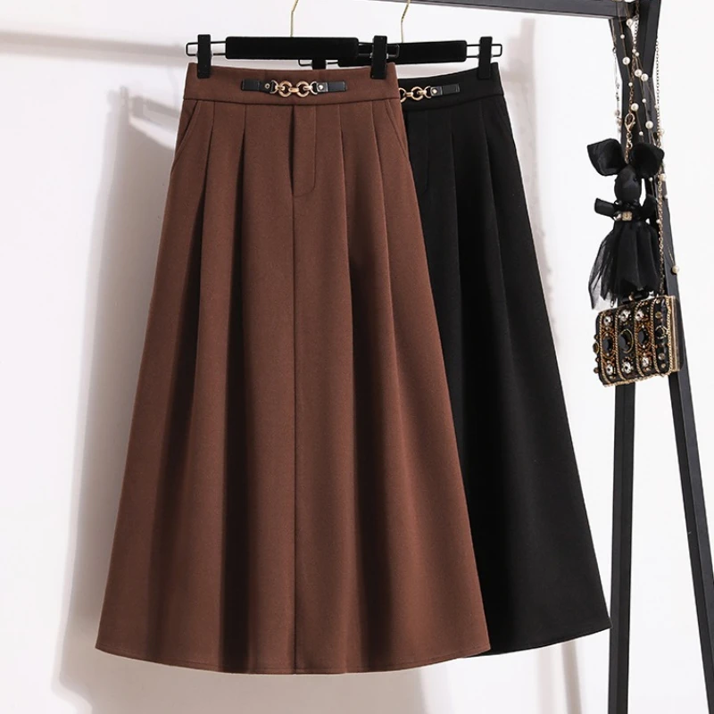 Frauen Elegante Plus Größe Röcke Frühling Hohe Taille Lose Braun Regenschirm Rock Casual Elastische Taille A-Line Woolen Mid-Länge rock