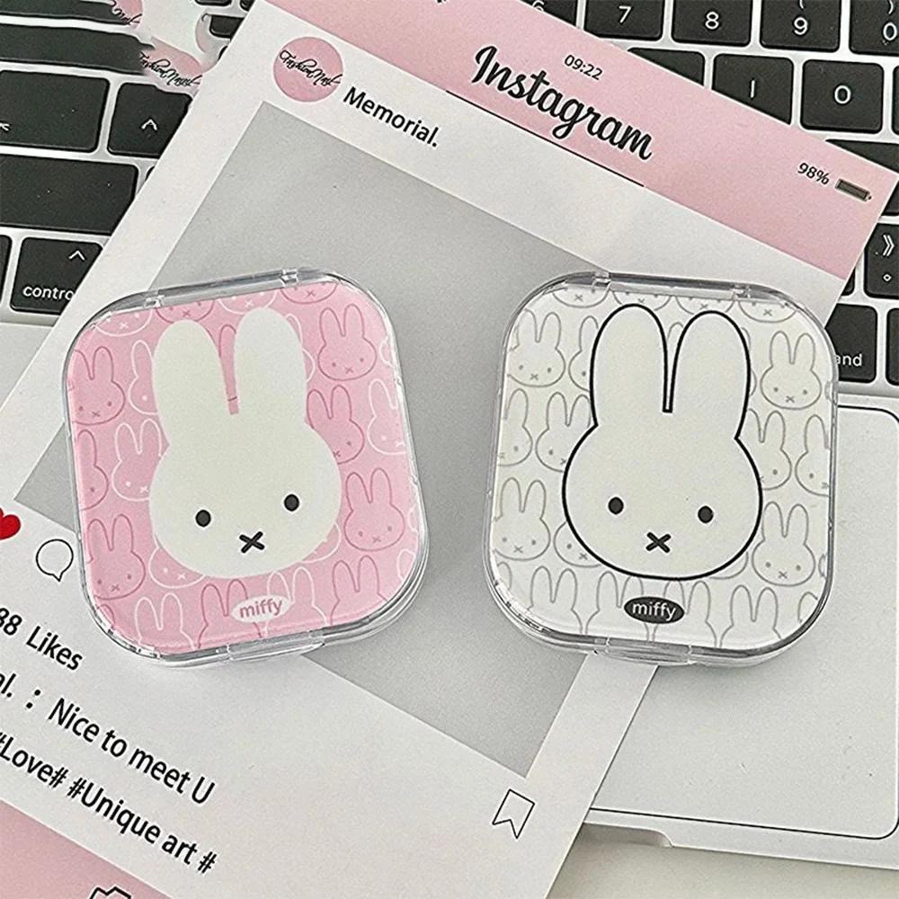 Kawaii Miffy Tragbarer Beauty-Kontaktlinsenbehälter, niedliche Cartoon-Pflege, Aufbewahrungsbox für Kontaktlinsen mit Spiegel, Geschenk für Mädchen Image