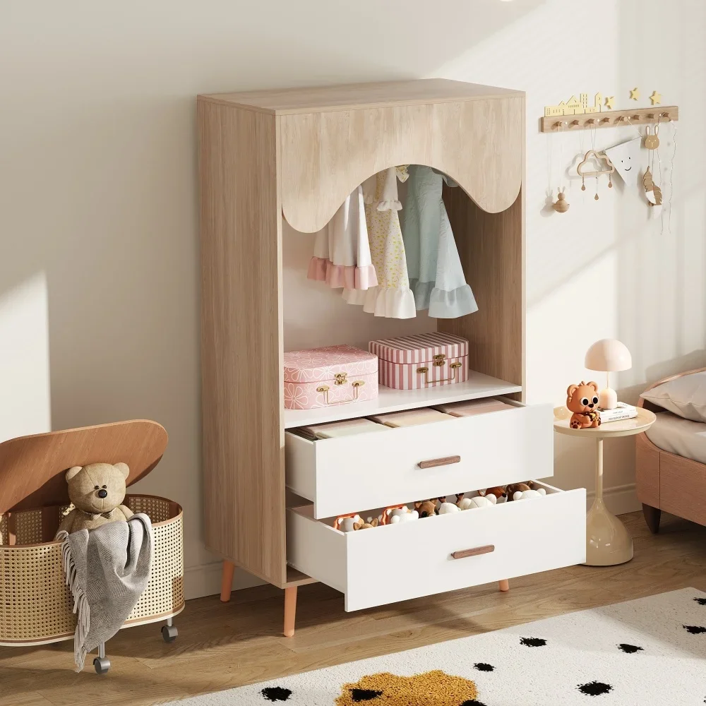 Kindergarderobe | Offenes Design mit Kleiderschrankstab und Schubladen, Vollholzgriffen, Spanplatte, Aufbewahrungsmöbel für Kinderzimmer