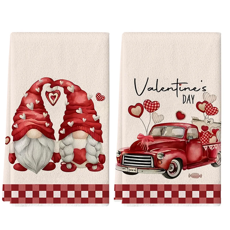 2 Stück, Valentinstag rot kariertes Herz Zwerg und Vintage rot LKW Küchentuch, 40 cm x 60 cm Handtuch-Set, super saugfähiges weiches Reinigungstuch, Kochen, Backen, Geschirrtuch, Reinigungstuch,