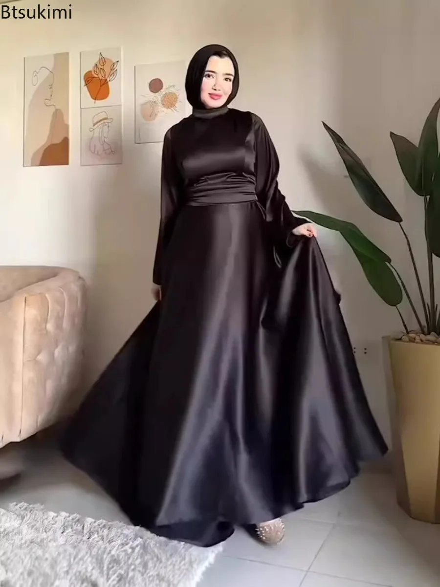 Eid Muslimische Frauen Kleider Flare Hülse Vestidos Schärpen Jalabiya Kaftan Solide Elegante Arabische Lange Robe Ramadan Marokko Modest Abayas Image