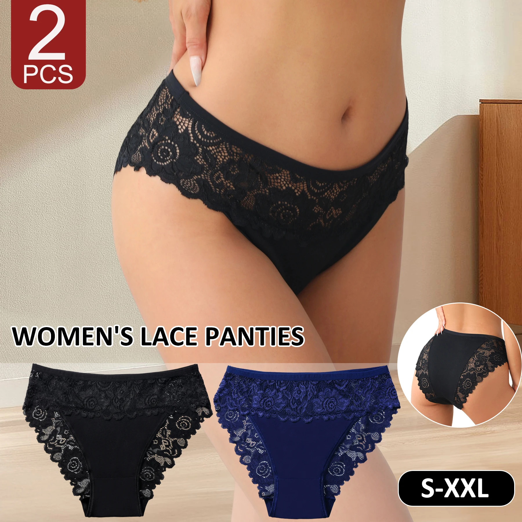 2PCS Schwarz Blau frauen Unterwäsche Sexy Aushöhlen Spitze Blumen Höschen Einfarbig Komfortable Baumwolle Slip Atmungsaktive Dessous Image