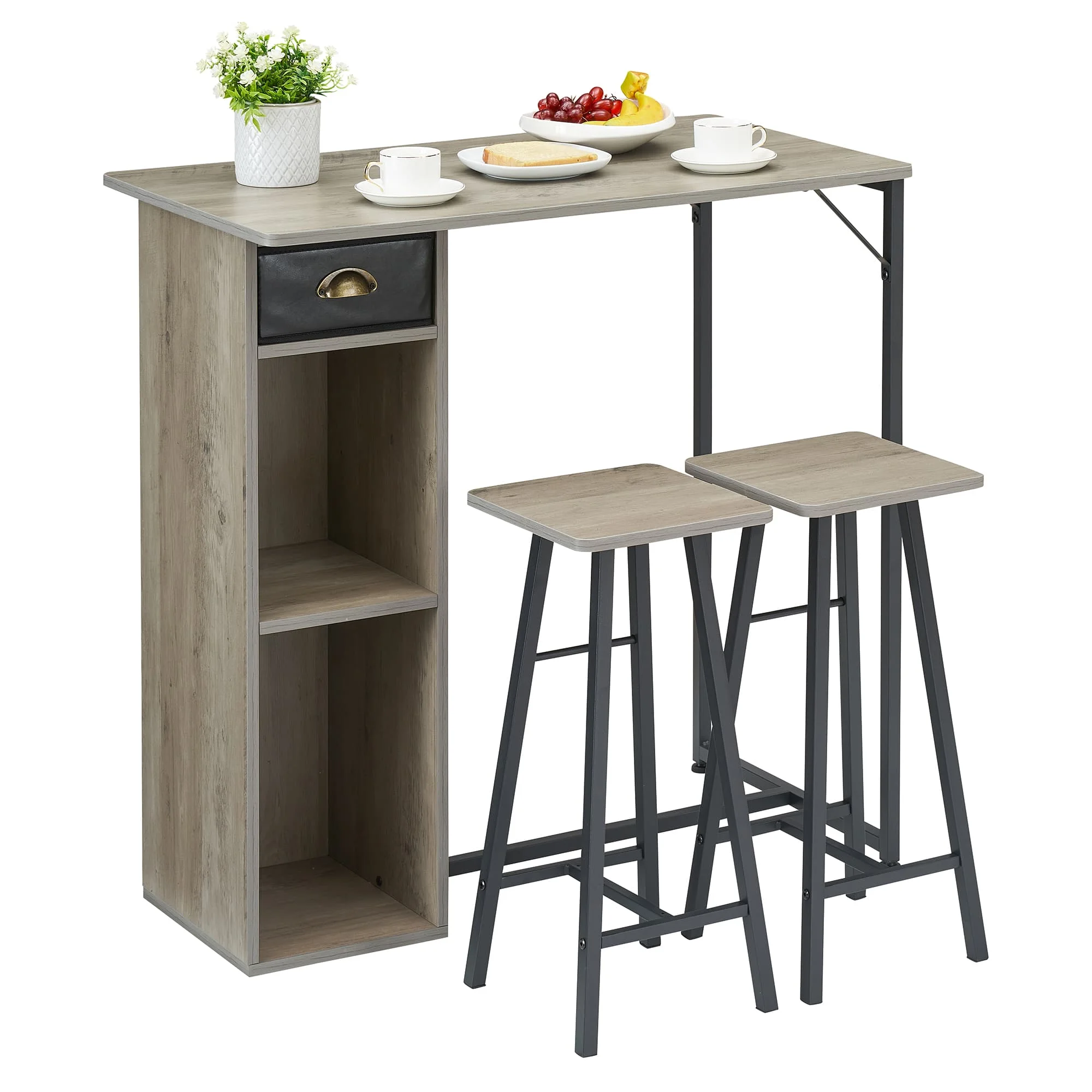 3-teiliges Esstisch-Set, Küchen-Bartisch mit zwei Hockern, Ablageflächen, Holz-Tischplatte in Thekenhöhe für Zuhause, Wohnung Image